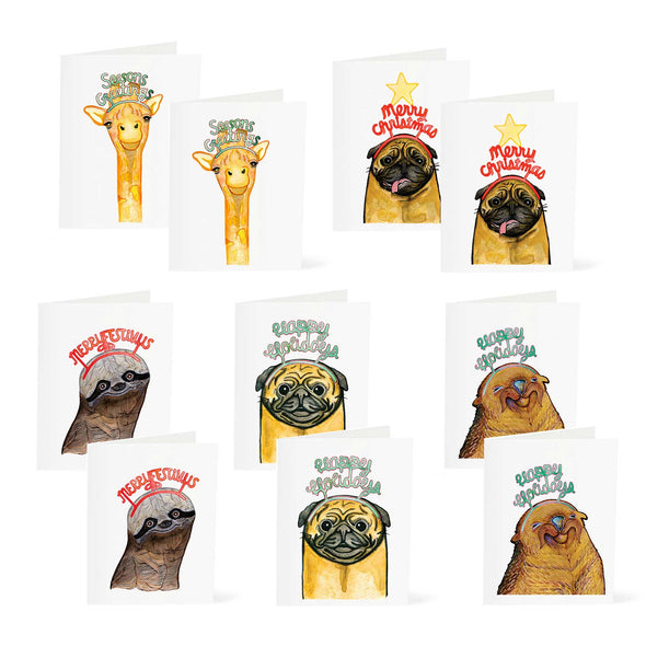 Holiday Pack 5 Designs (10 Cards) - Giraffe | Pug | Otter | Sloth | Pug