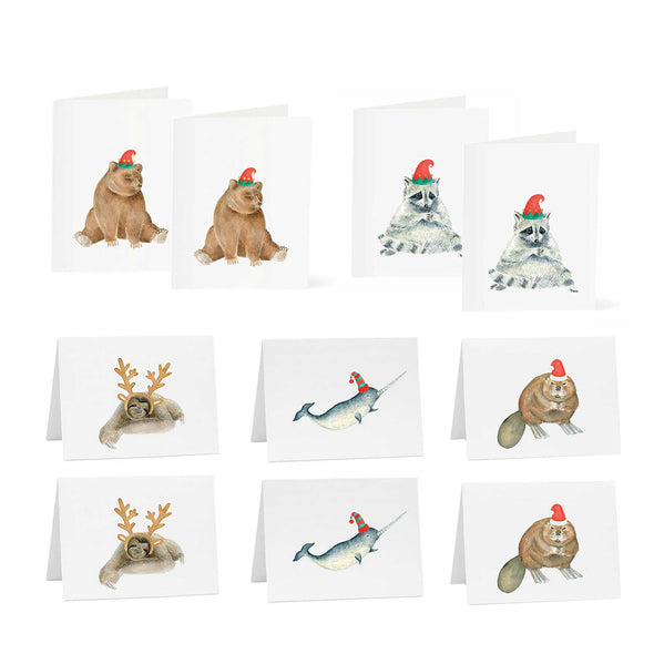 Holiday Pack 5 Designs (10 Cards) - Bear | Sloth | Beaver | Raccoon | Fox